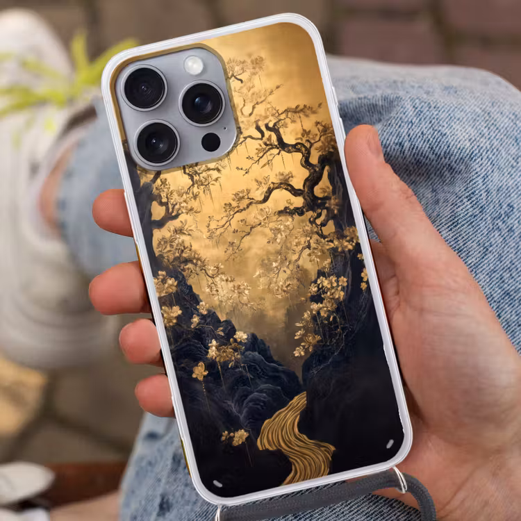 Telefoonhoesje met koord - Bloemen - Takken - Goud - Sierlijk — 2