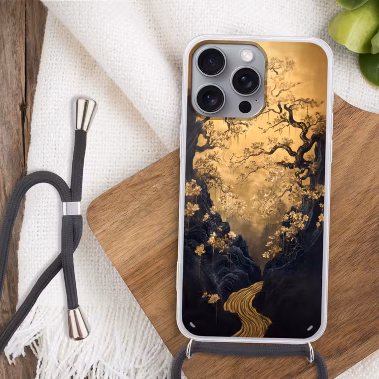 Telefoonhoesje met koord - Bloemen - Takken - Goud - Sierlijk — 3