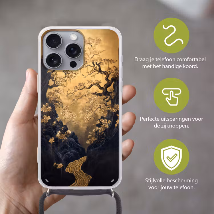 Telefoonhoesje met koord - Bloemen - Takken - Goud - Sierlijk — 4