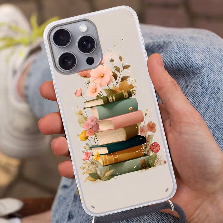 Telefoonhoesje met koord - Boeken - Stapel - Bloemen - Kleurrijk — 2
