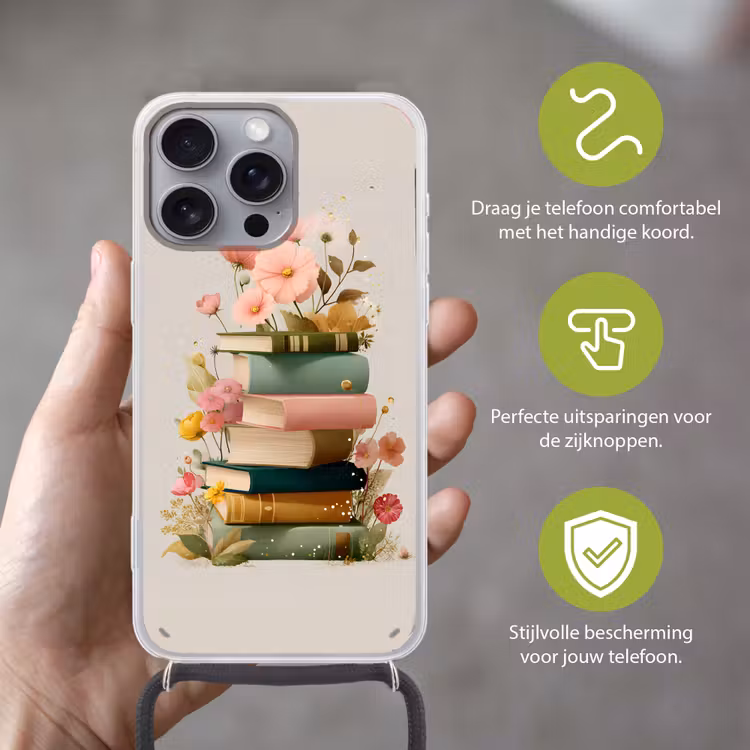 Telefoonhoesje met koord - Boeken - Stapel - Bloemen - Kleurrijk — 4