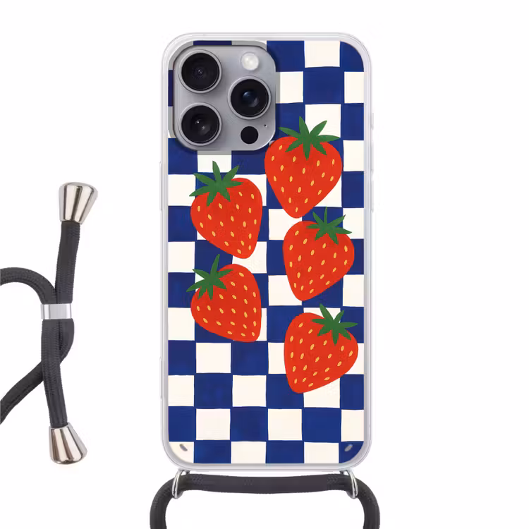 Telefoonhoesje met koord - Geblokt - Blauw - Aardbeien — 1