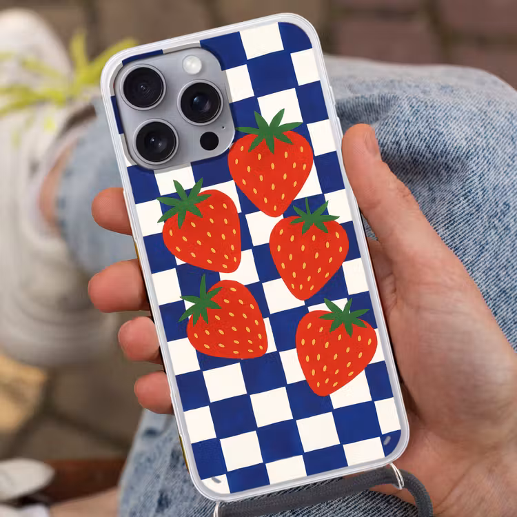 Telefoonhoesje met koord - Geblokt - Blauw - Aardbeien — 2