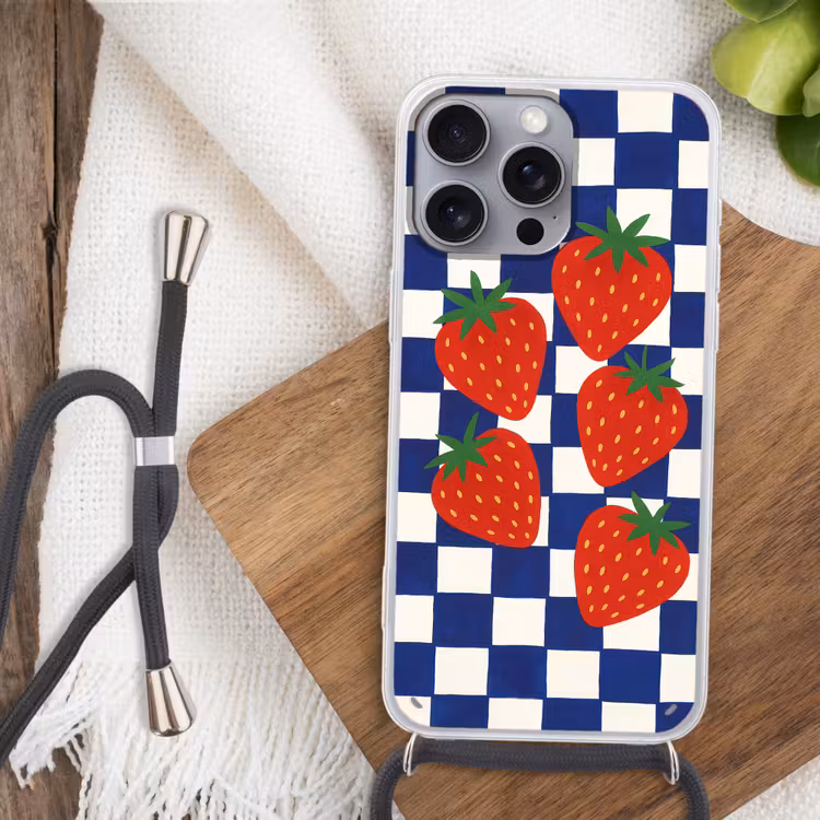Telefoonhoesje met koord - Geblokt - Blauw - Aardbeien — 3