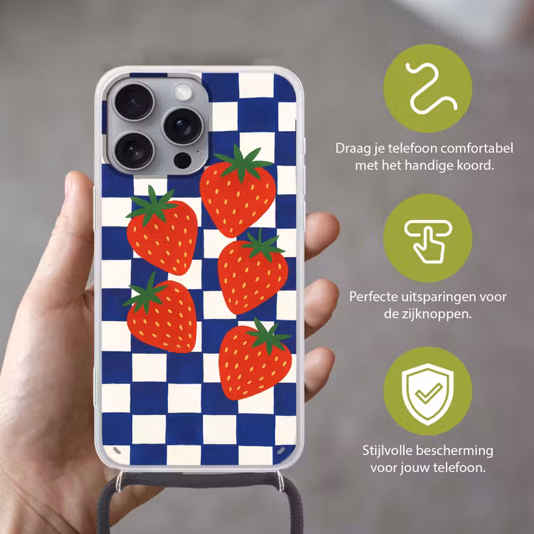Telefoonhoesje met koord - Geblokt - Blauw - Aardbeien — 4
