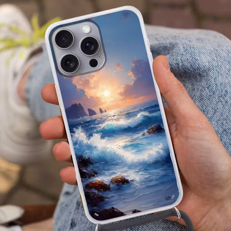 Telefoonhoesje met koord - Golven - Zee - Kleurrijk - Rotsen — 2
