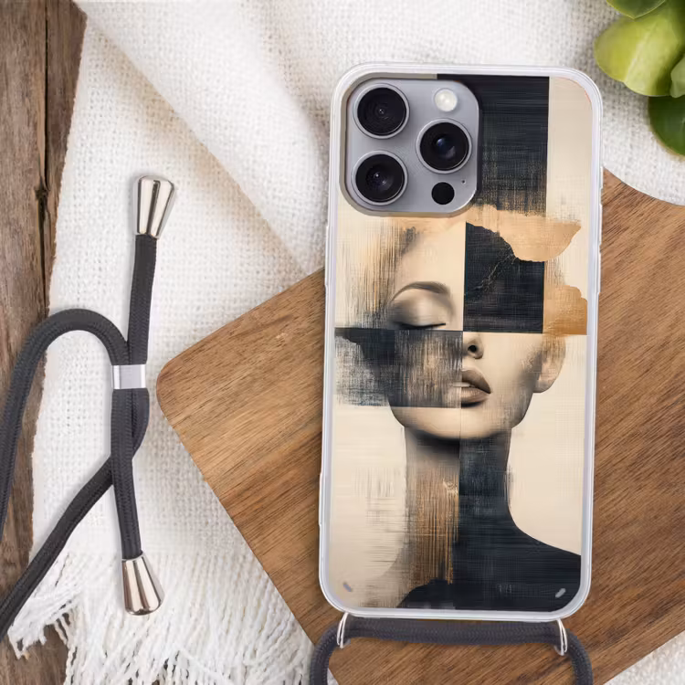 Telefoonhoesje met koord - Goud - Vrouw - Rechthoeken — 3