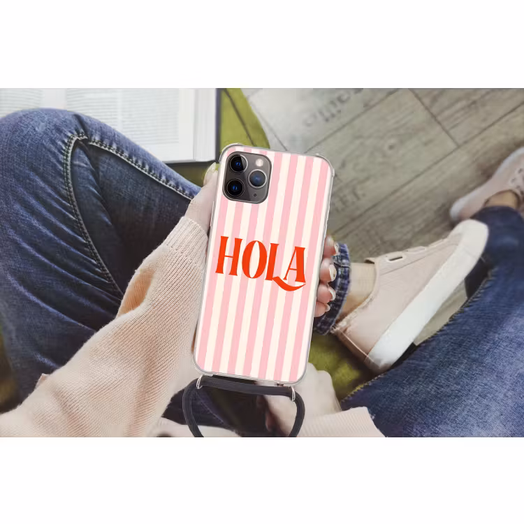 Telefoonhoesje met koord - Hola - Quote -  Strepen - Pastel - Roze - Rood - Wit — 2