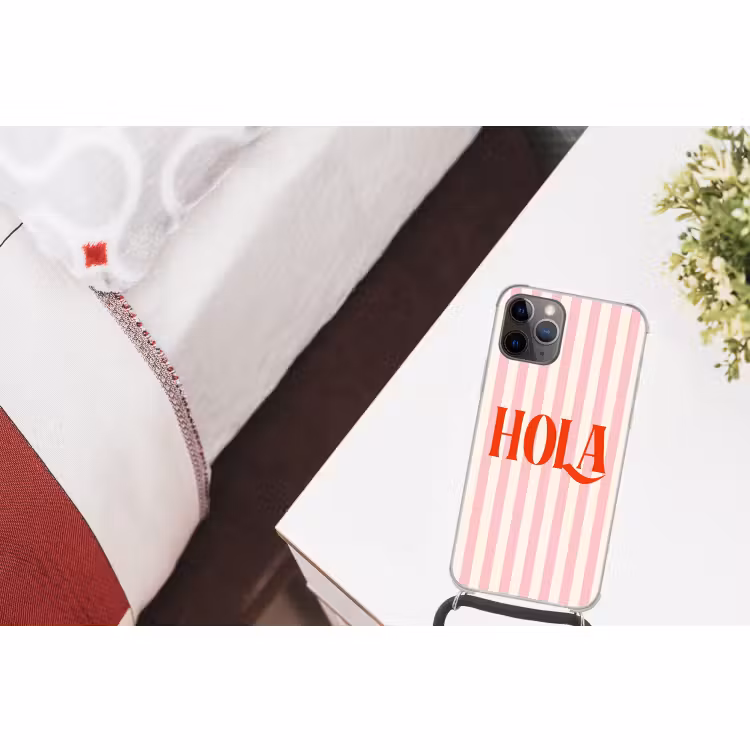 Telefoonhoesje met koord - Hola - Quote -  Strepen - Pastel - Roze - Rood - Wit — 3
