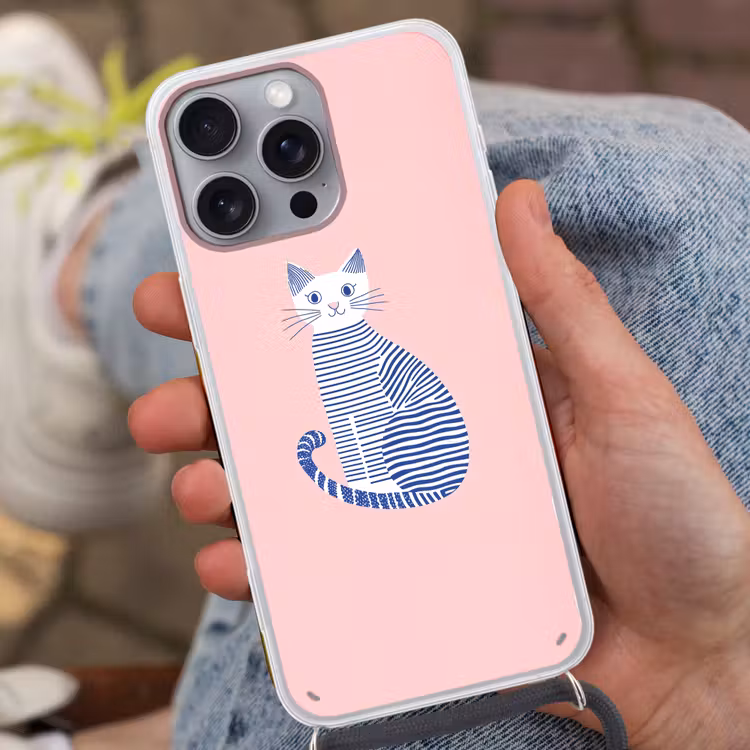 Telefoonhoesje met koord - Kat - Illustratie - Minimalistisch - Roze — 2