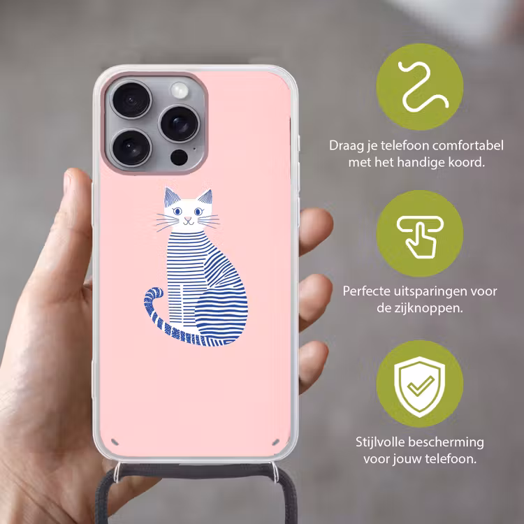 Telefoonhoesje met koord - Kat - Illustratie - Minimalistisch - Roze — 4