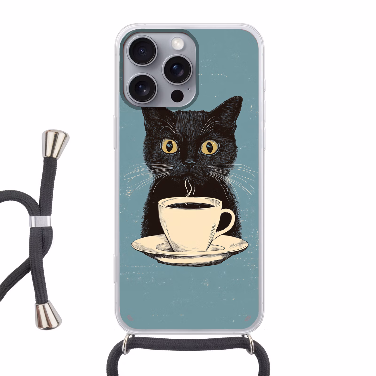 Telefoonhoesje met koord - Kat - Zwart - Koffie - Minimalistisch — 1