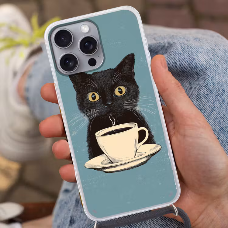 Telefoonhoesje met koord - Kat - Zwart - Koffie - Minimalistisch — 2