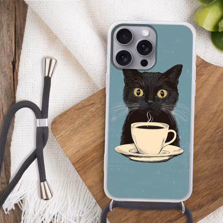 Telefoonhoesje met koord - Kat - Zwart - Koffie - Minimalistisch — 3