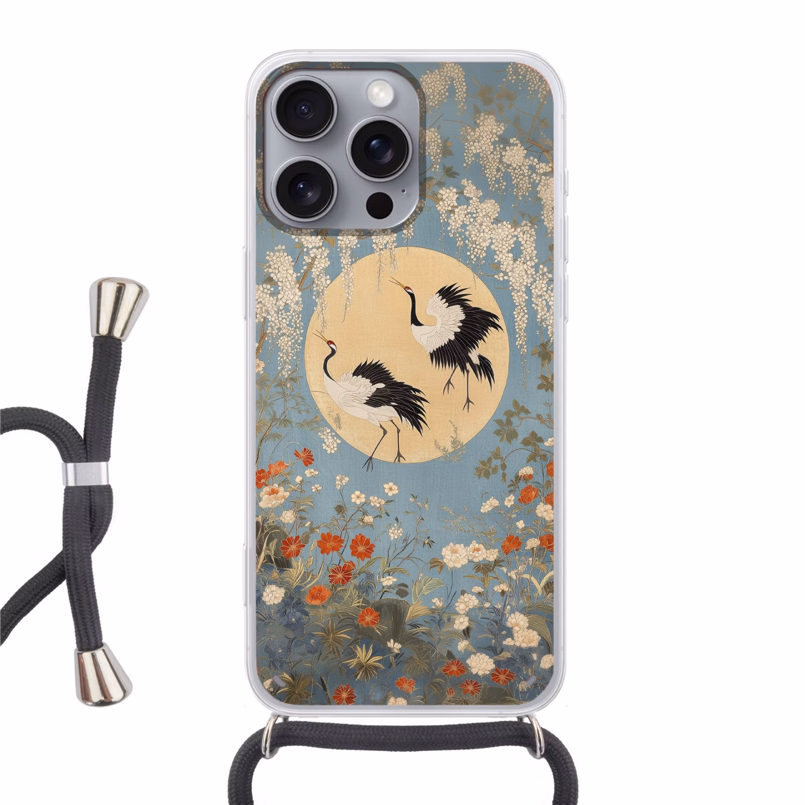 Telefoonhoesje met koord - Kraanvogels - Maan - Bloemen - Blauw — 1