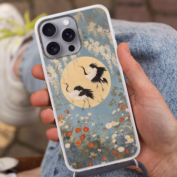 Telefoonhoesje met koord - Kraanvogels - Maan - Bloemen - Blauw — 2