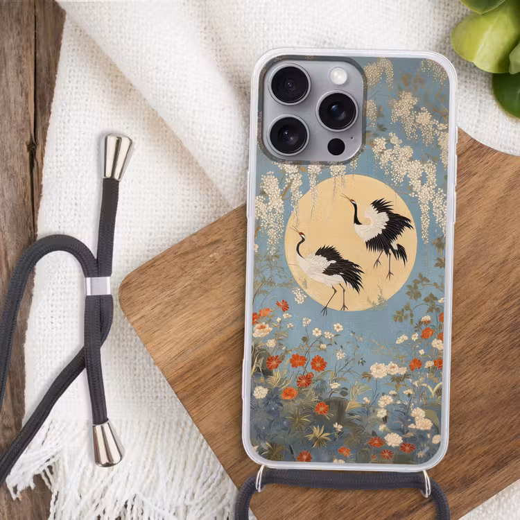 Telefoonhoesje met koord - Kraanvogels - Maan - Bloemen - Blauw — 3