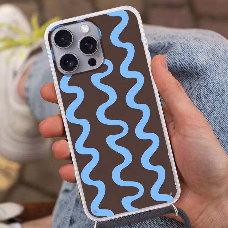 Telefoonhoesje met koord - Kronkelende lijnen - Blauw - Bruin - Minimalistisch — 2