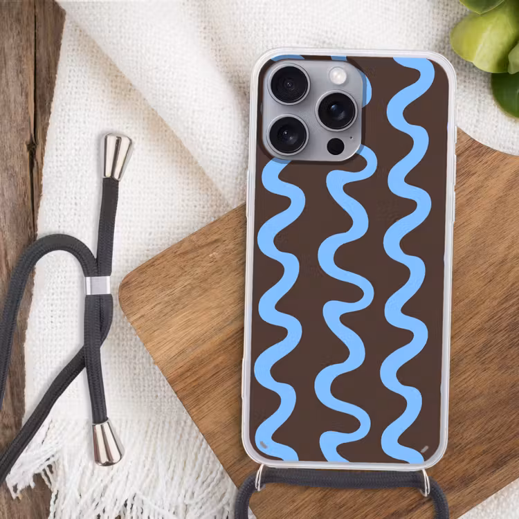 Telefoonhoesje met koord - Kronkelende lijnen - Blauw - Bruin - Minimalistisch — 3