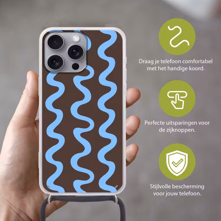 Telefoonhoesje met koord - Kronkelende lijnen - Blauw - Bruin - Minimalistisch — 4