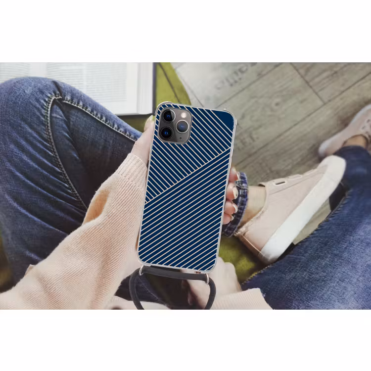 Telefoonhoesje met koord - Lijnen - Abstract - Blauw - Wit - Minimalistisch — 2