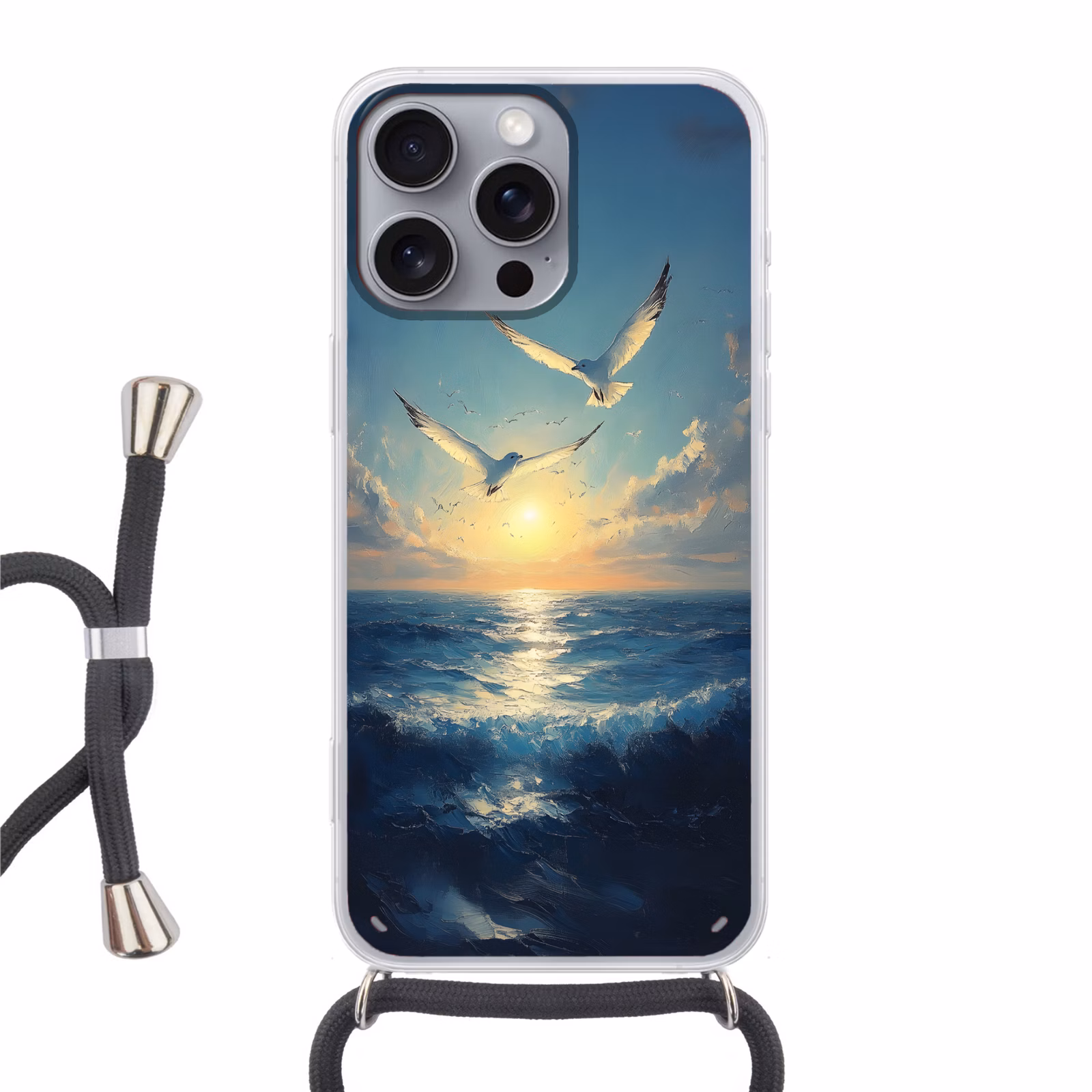 Telefoonhoesje met koord - Meeuwen - Zee - Wolken -Blauw — 1