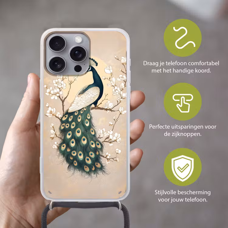 Telefoonhoesje met koord - Pauw - Tak - Bloemen — 4