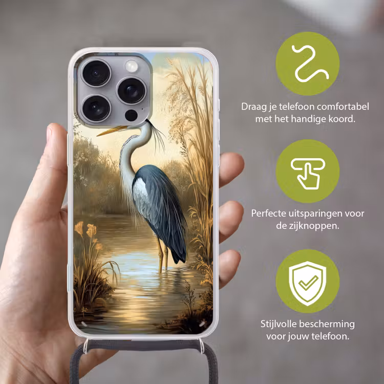 Telefoonhoesje met koord - Reiger - Water - Planten — 4
