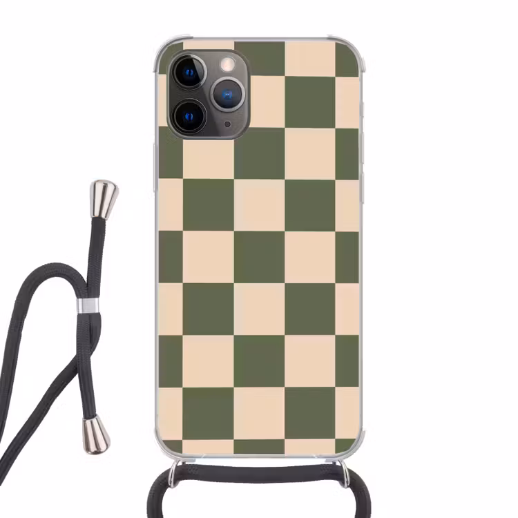 Telefoonhoesje met koord - Schaakbord print - Groen - Beige - Blokjes — 1