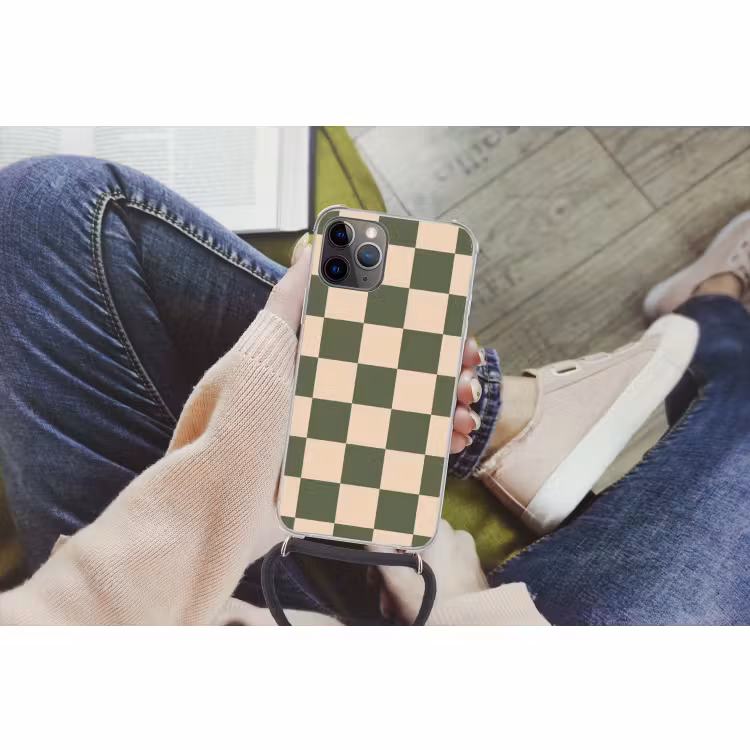 Telefoonhoesje met koord - Schaakbord print - Groen - Beige - Blokjes — 2