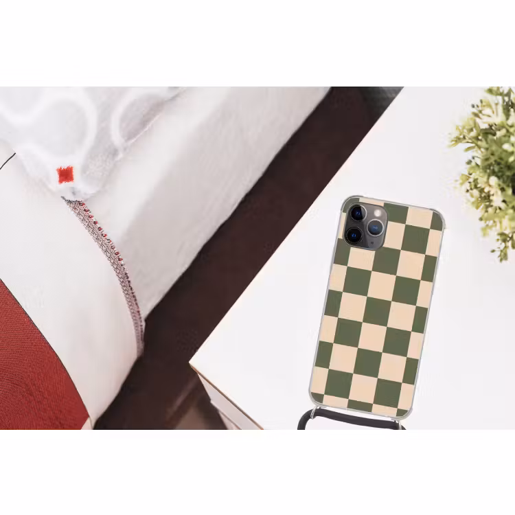 Telefoonhoesje met koord - Schaakbord print - Groen - Beige - Blokjes — 3