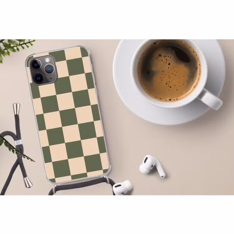 Telefoonhoesje met koord - Schaakbord print - Groen - Beige - Blokjes — 4