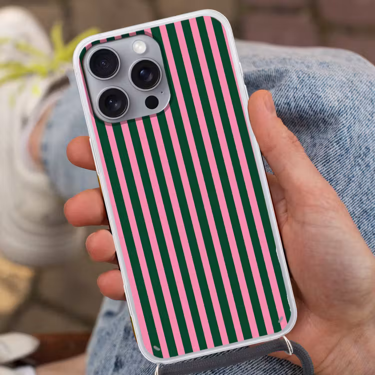 Telefoonhoesje met koord - Verticale strepen - Groen - Roze — 2