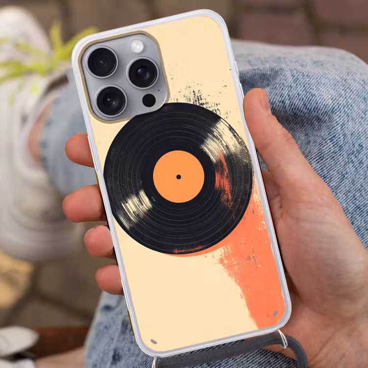 Telefoonhoesje met koord - Vinylplaat - Zwart - Verfspatten - Retro — 2