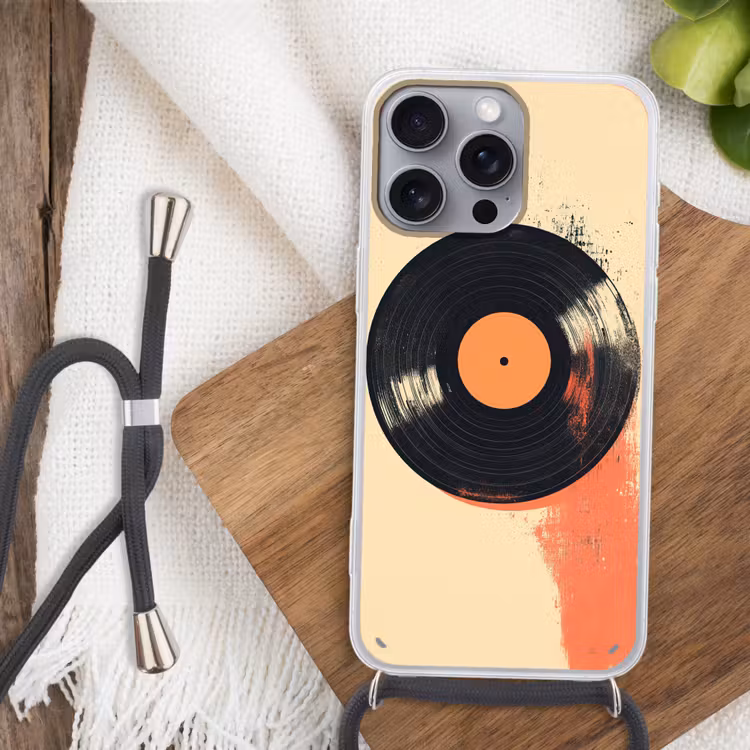 Telefoonhoesje met koord - Vinylplaat - Zwart - Verfspatten - Retro — 3