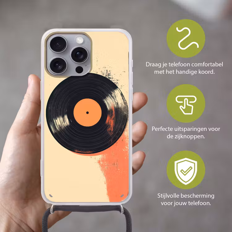 Telefoonhoesje met koord - Vinylplaat - Zwart - Verfspatten - Retro — 4