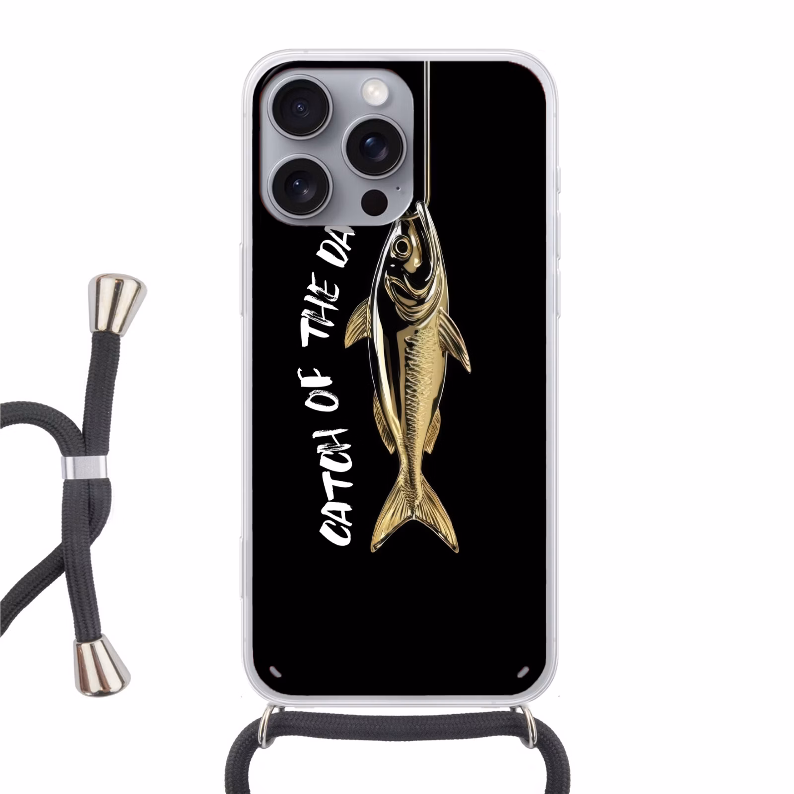 Telefoonhoesje met koord - Vis - Zwart - Goud - Tekst — 1