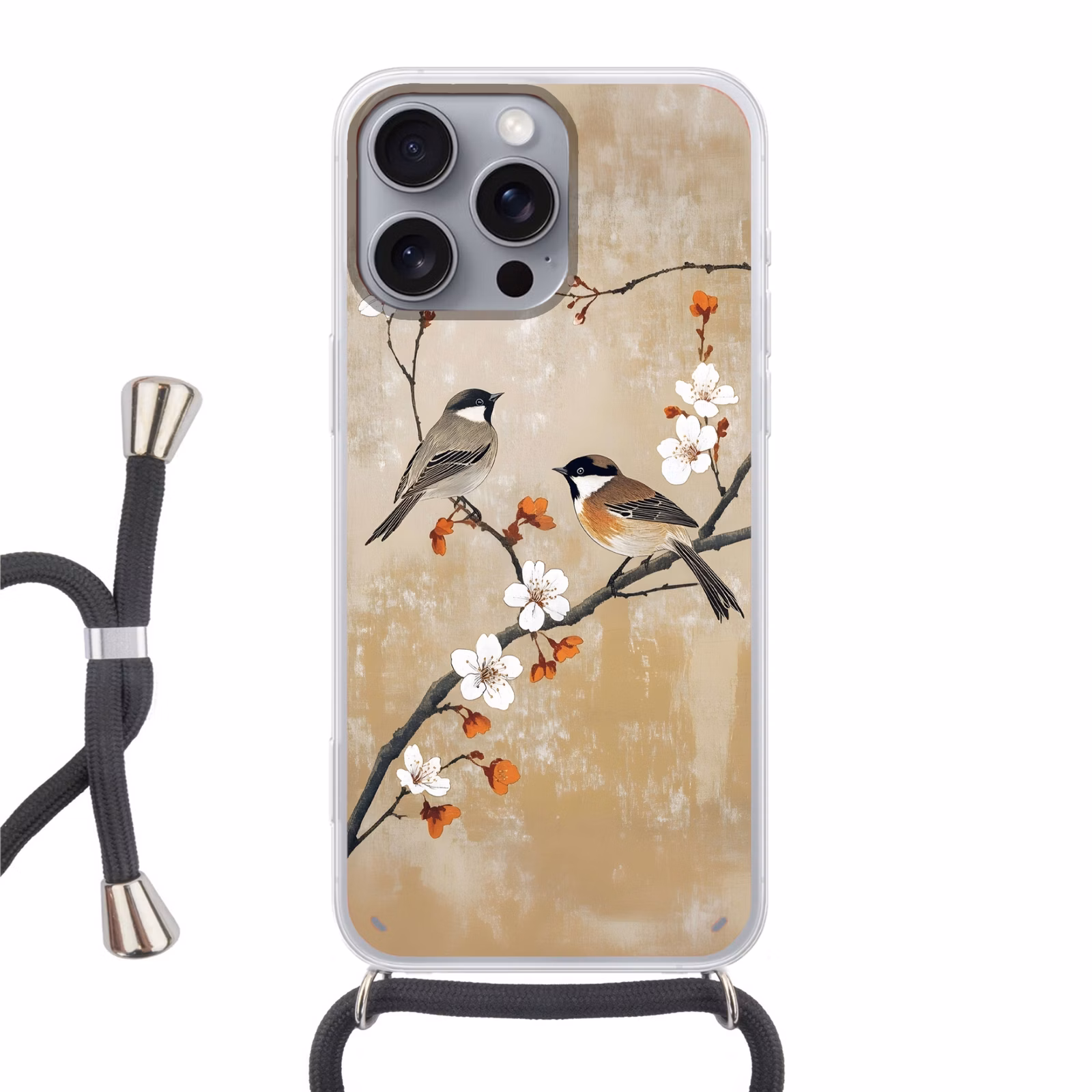 Telefoonhoesje met koord - Vogels - Bloesemtak - Bloemen - Oranje — 1