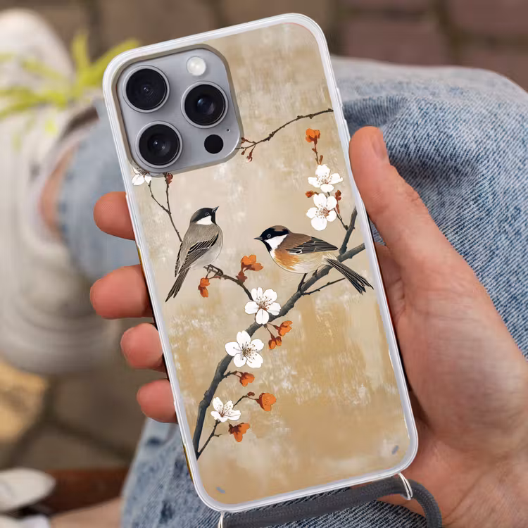 Telefoonhoesje met koord - Vogels - Bloesemtak - Bloemen - Oranje — 2