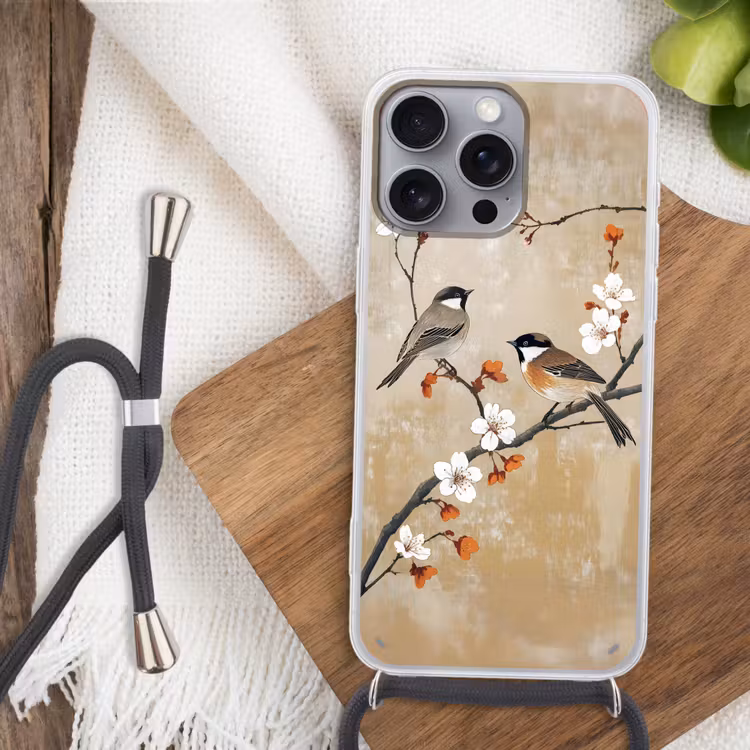 Telefoonhoesje met koord - Vogels - Bloesemtak - Bloemen - Oranje — 3