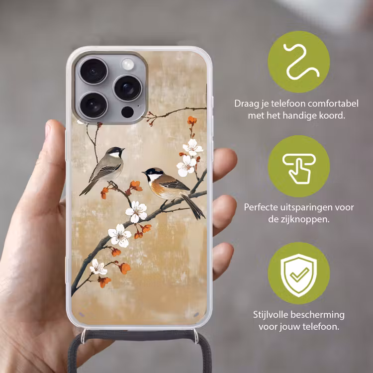 Telefoonhoesje met koord - Vogels - Bloesemtak - Bloemen - Oranje — 4