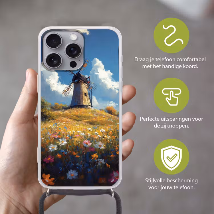 Telefoonhoesje met koord - Windmolen - Heuvel - Bloemen - Kleurrijk — 4