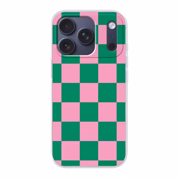 Telefoonhoesje - Schaakbord patroon - Groen - Roze - Blokjes — 1
