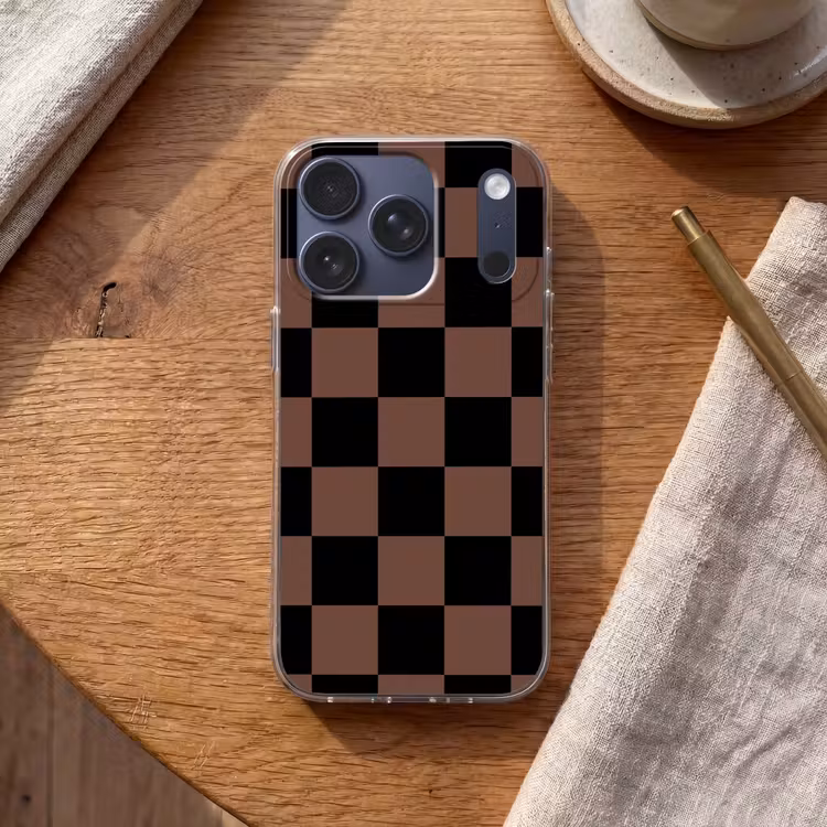 Telefoonhoesje - Schaakbord print - Bruin - Zwart - Blokjes — 2