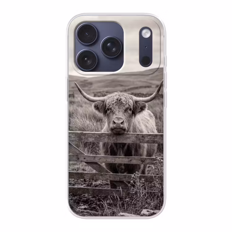 Telefoonhoesje - Schotse hooglander - Zwart - Wit - Hout — 1