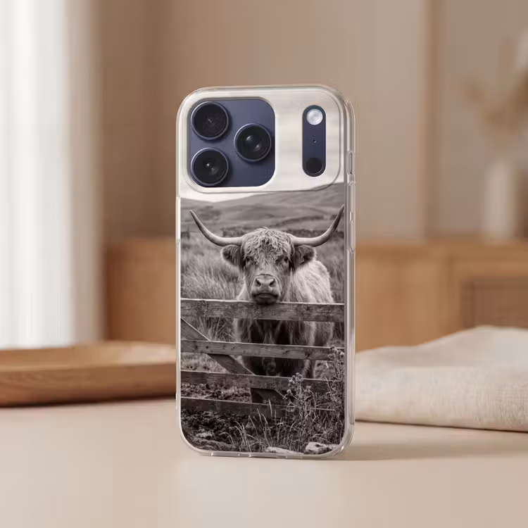 Telefoonhoesje - Schotse hooglander - Zwart - Wit - Hout — 3