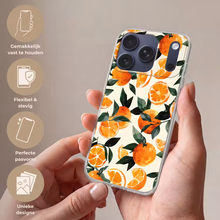 Telefoonhoesje - Sinaasappels - Vruchten - Bladeren - Oranje - Groen - Beige — 4