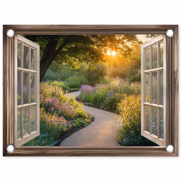 Tuinposter - Doorkijk - Bloemen - Natuur - Zon - Pad — 1