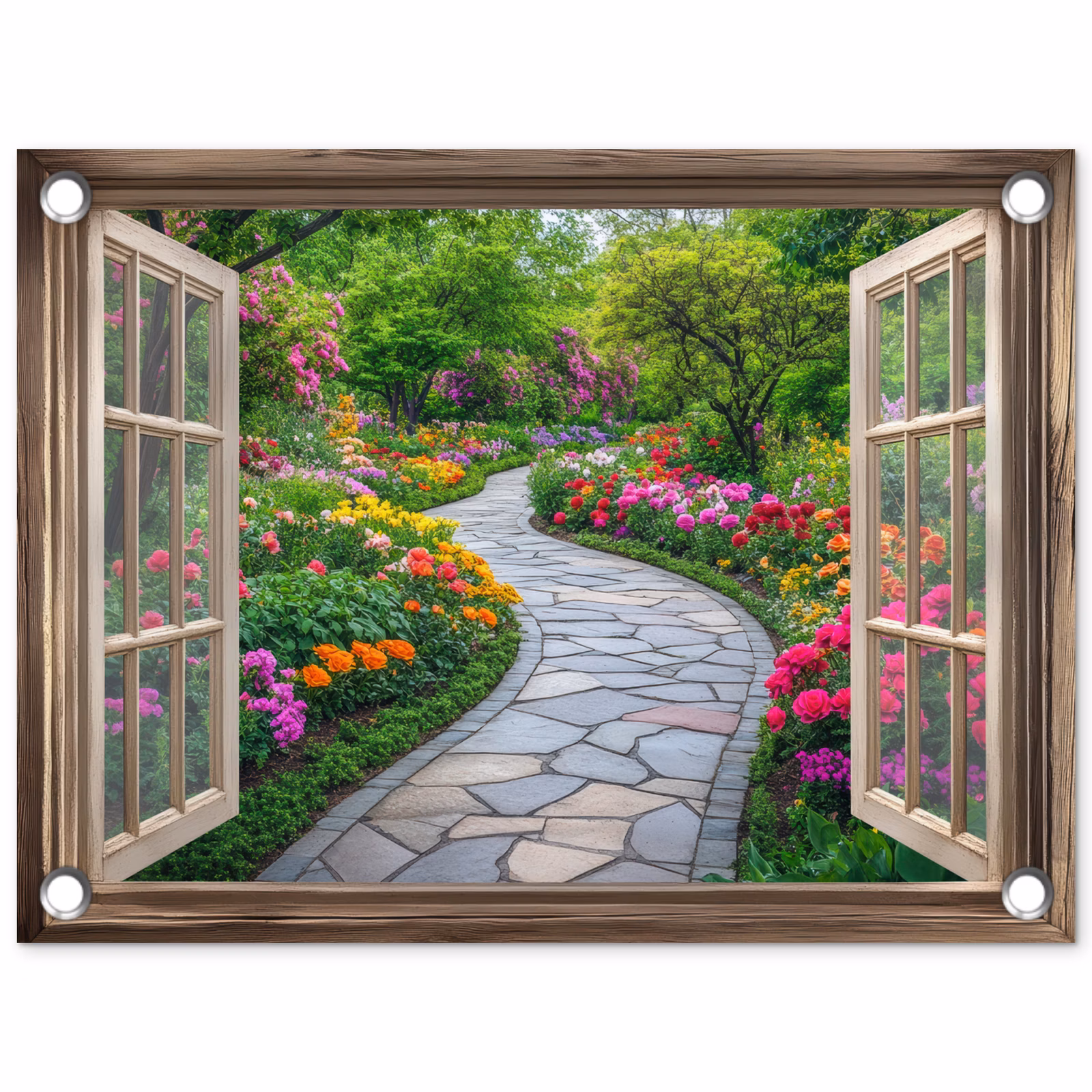 Tuinposter - Doorkijk - Bloemen - Tuinpad - Natuur - Raam — 1