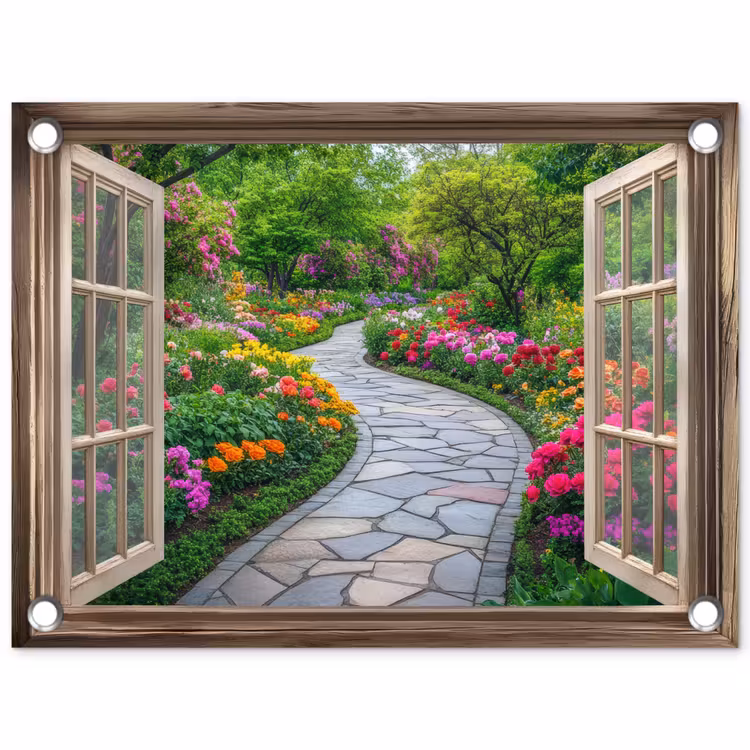 Tuinposter - Doorkijk - Bloemen - Tuinpad - Natuur - Raam — 1